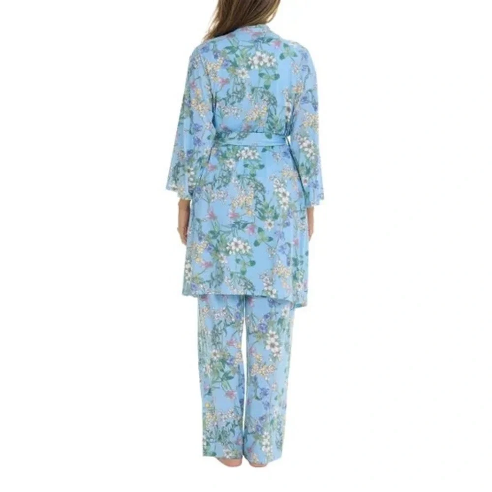 Flora Nikrooz Womens 3-Piece Pajama Set Blue Floral Robe Tank Pants 2XL New